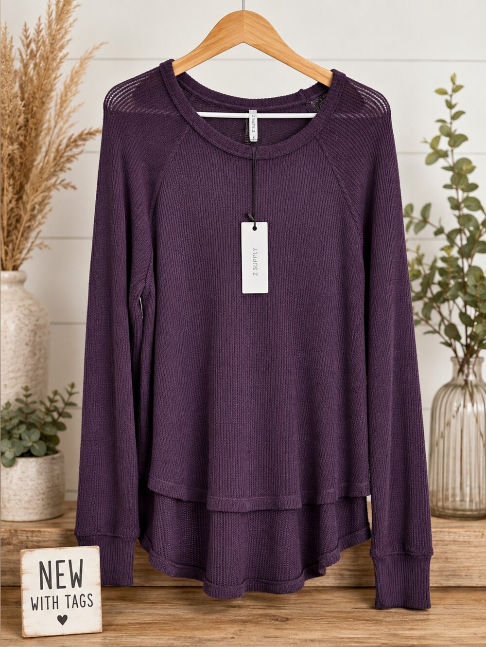 Z Supply Layered Hem Waffle Knit Long Sleeve Top - Purple